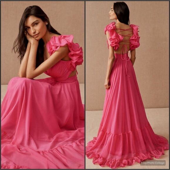 Mac Duggal Ruffle Tiered Cut Out Chiffon Gown 67911 Hot Pink Size  4 - Picture 1 of 16